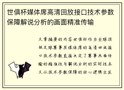 世俱杯媒体席高清回放接口技术参数保障解说分析的画面精准传输